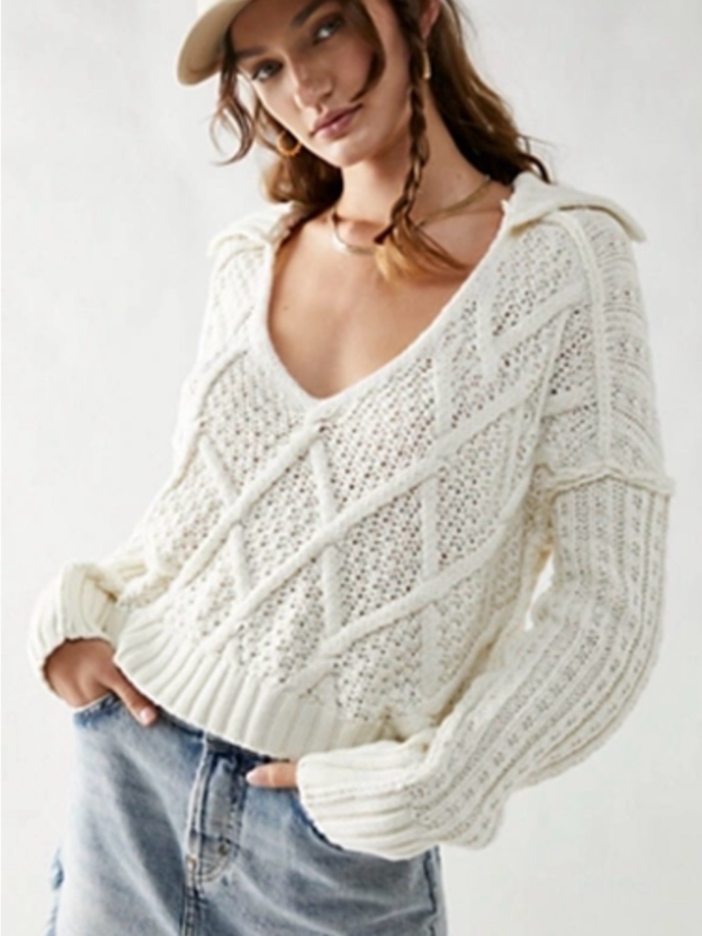 Free People Cream Cable Knit V-Neck Sweater